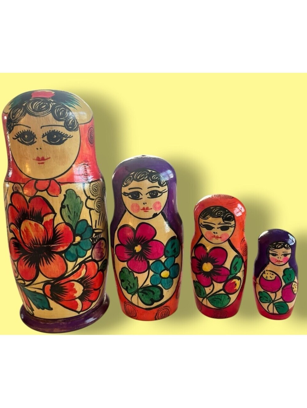 VTG Set 4 Russian Nesting Dolls Set Handmade Hand Painted Wooden 3” - 8” Kitsch